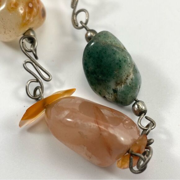 Vintage Agate Quartz Aventurine Gemstone Nugget Beaded Necklace Silver Tone